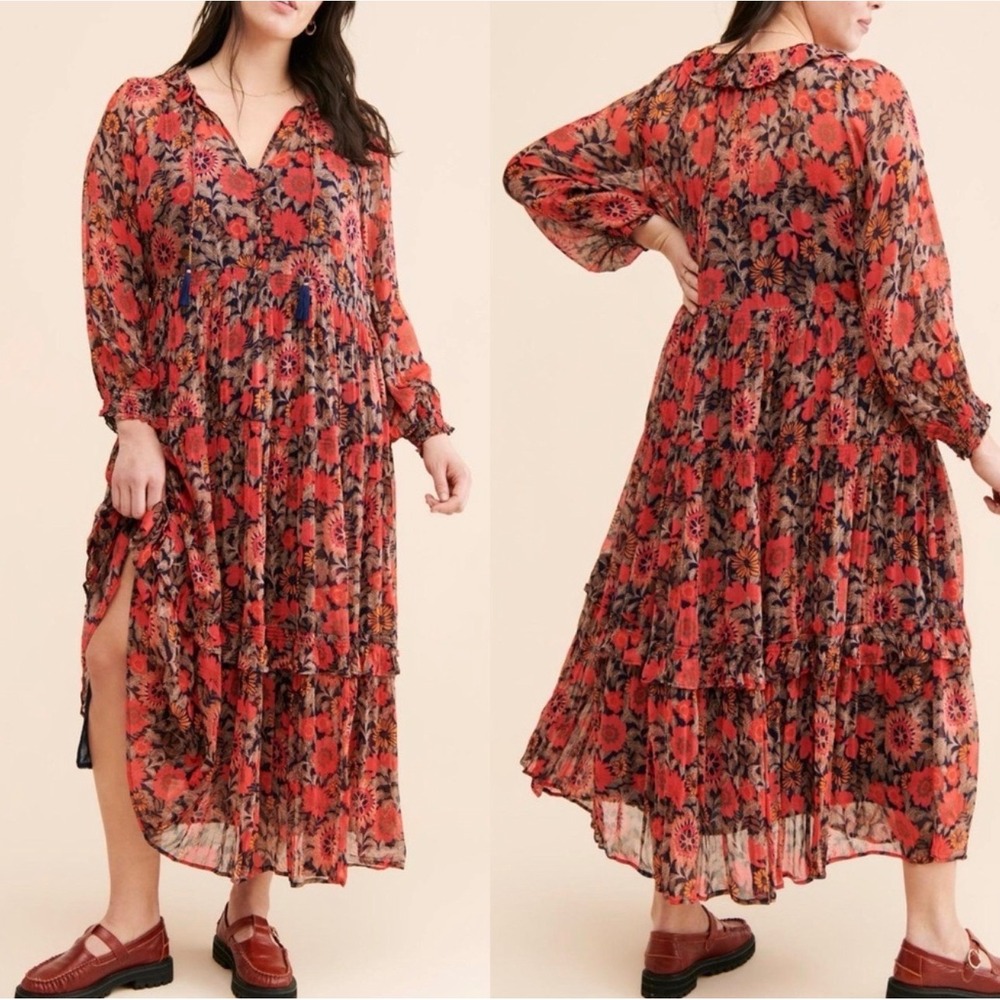 Anthropologie Marais Sheer Floral Tiered Maxi Dress Boho Tassel V-Neck Large